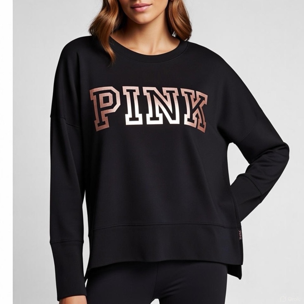 Victoria’s Secret PINK Black Crewneck Sweatshirt Rose Gold Foil Logo Long Sleeve